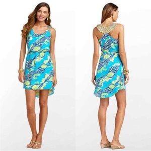 Sleeveless Blue Tropical Print Shift Dress with Sequins Embellished Collar
